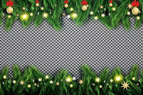 Fir Branch with Neon Lights, Christmas Ball and Stars on Transparent Backgrou 스톡 일러스트