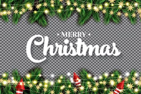 Fir Branch with Neon Lights String, Golden Stars and Rockets on Transparent B Stock Illustration