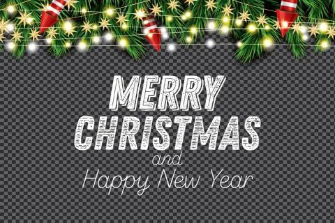 Fir Branch with Neon Lights String, Golden Stars and Rockets on Transparent B Stock Illustration