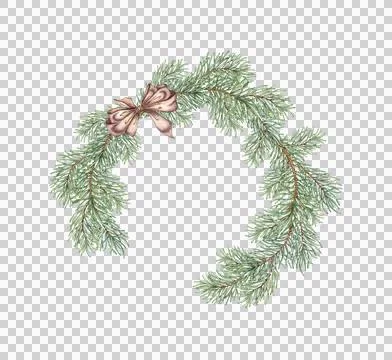 Fir branches and brown bow wreath watercolor Stock Illustration