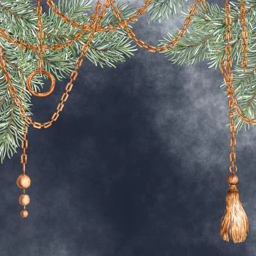 Fir branches and chains pendants on a blue background banner watercolor Stock Illustration
