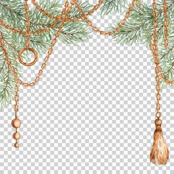 Fir branches and chains pendants banner watercolor Stock Illustration