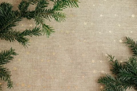 Fir branches border on golden rustic background. Christmas tree branches on.. Stock Photos