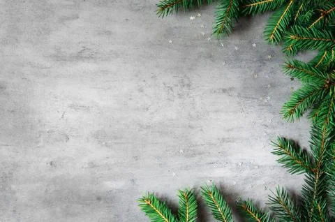 Fir branches border on gray background, christmas backdrop Stock Photos