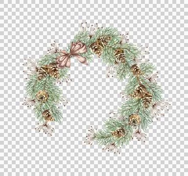 Fir branches bow grass and pine cones wreath watercolor Stock Illustration