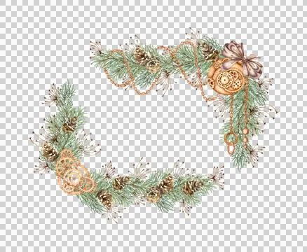 Fir branches with bow grass ball and pine cones watercolor frame Stock Illustration