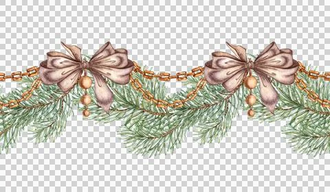 Fir branches bows and chains pattern horizontal watercolor 스톡 일러스트