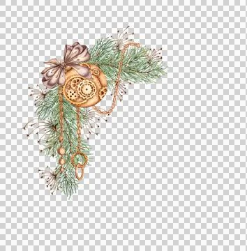 Fir branches with brown bow chains and ball watercolor frame Stock Illustration