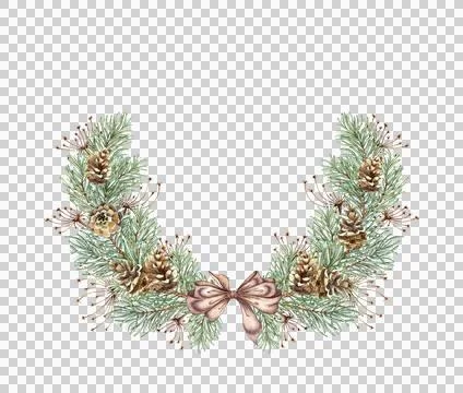 Fir branches brown bow grass and pine cones wreath watercolor Stock Illustration
