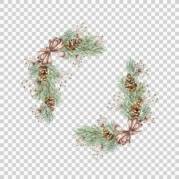 Fir branches with brown bow grass and pine cones watercolor frame Stock Illustration