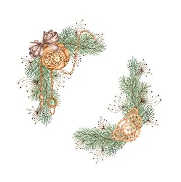 Fir branches with brown bow grass ball and gears watercolor frame Stock Illustration