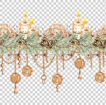 Fir branches candles pattern horizontal watercolor Illustrazione stock