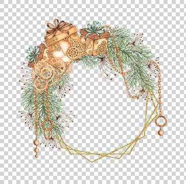 Fir branches chain gifts frame hexagonal watercolor Stock Illustration