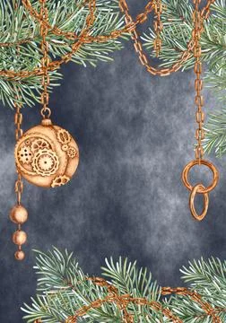 Fir branches chain pendants ball on blue background banner watercolor Stock Illustration
