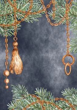 Fir branches chain pendants banner on blue watercolor background Stock Illustration