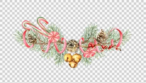 Fir branches with cones, bells and lollipops watercolor Stock Illustration