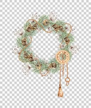 Fir branches cones grass and chain gears wreath watercolor Stock Illustration