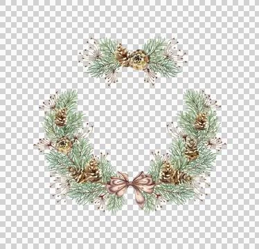 Fir branches cones grass and bow wreath watercolor Stock Illustration