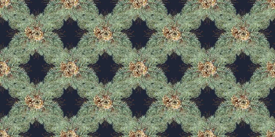 Fir branches cones grass network pattern on a blue watercolor background Illustrazione stock