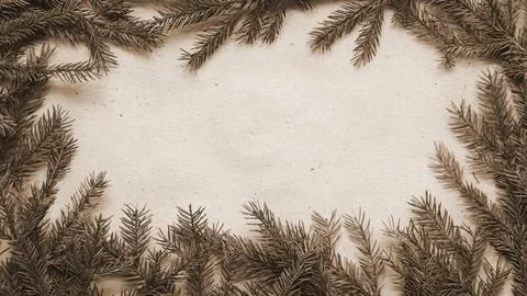 Fir Branches Frame Top View Sepia Brown Rustic Background Foto stock