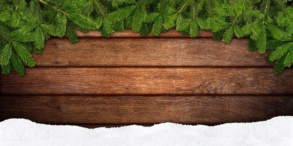 Fir branches frame on wood Stock Photos