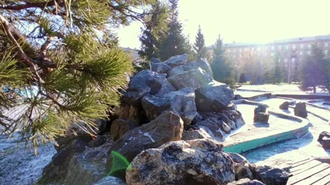 Fir branches in front of the stones in the snow sun glare Stock Footage 220199973