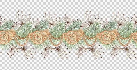 Fir branches gears and chains pattern horizontal watercolor Illustrazione stock