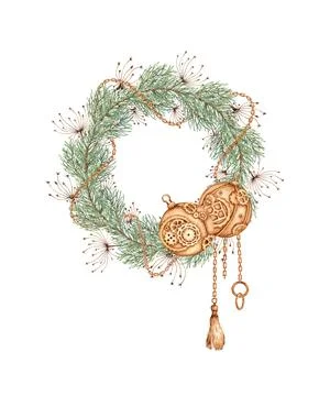 Fir branches grass and chain balls New Year's wreath watercolor Stock Illustration