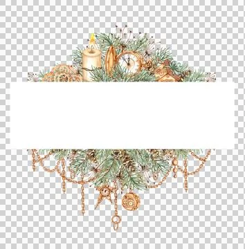 Fir branches grass candle gift clock banner watercolor Stock Illustration
