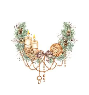 Fir branches grass candles gears wreath watercolor Stock Illustration