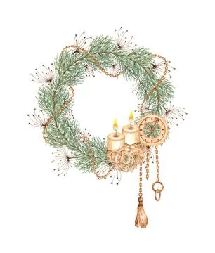 Fir branches grass chain candles gears wreath watercolor Stock Illustration