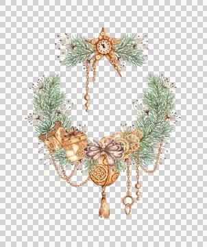 Fir branches grass chain Christmas decoration pendants wreath watercolor Stock Illustration