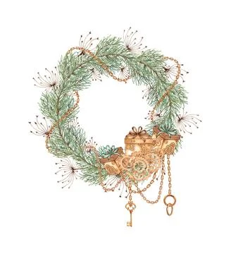 Fir branches grass chain gifts gears wreath watercolor Stock Illustration