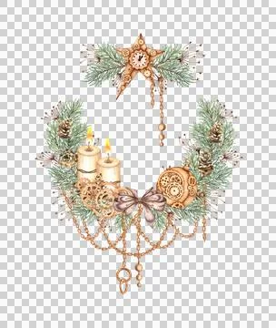 Fir branches, grass, chains, cones, balls, pendants, gears, gifts, star Chris Stock Illustration