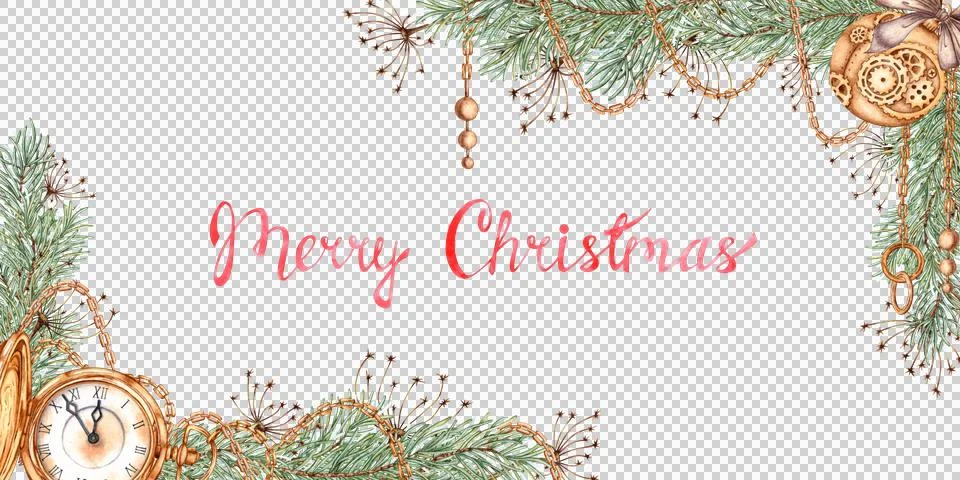 Fir branches, grass, clock and New Year's balls in watercolor Stock Illustration