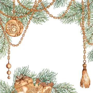 Fir branches pendants balloon and gifts banner watercolor Stock Illustration