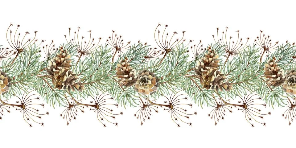 Fir branches pine cones and grass pattern horizontal watercolor 스톡 일러스트