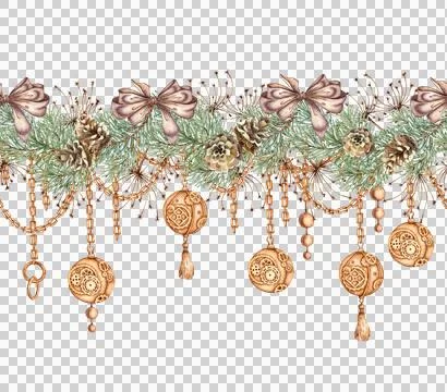 Fir branches pine cones bows and chains pattern horizontal watercolor Stock Illustration