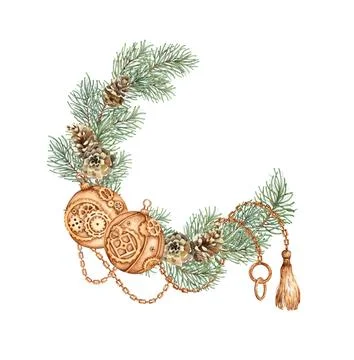 Fir branches pine cones chain Christmas balls pendants wreath watercolor Stock Illustration