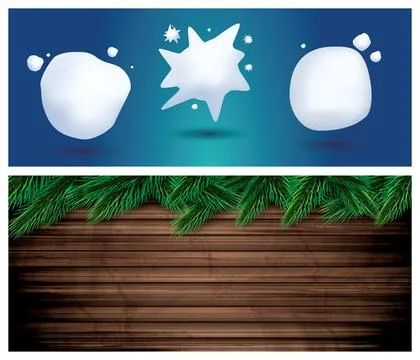Fir Branches on Wooden Background. Snow Ball Set. Stock Illustration