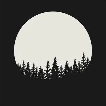 Fir forest tree under the moon, pine tree silhouettes Stock Illustration