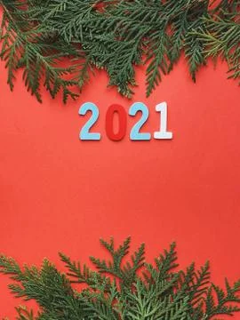 Fir frames on red background. happy new year 2021 Stock Photos