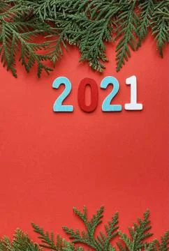 Fir frames on red background. happy new year 2021 Stock Photos