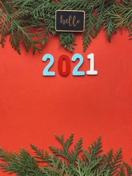 Fir frames on red background. happy new year 2021 Stock Photos