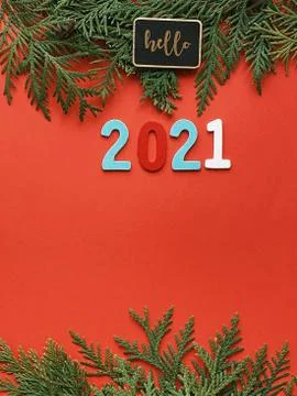 Fir frames on red background. happy new year 2021 Stock Photos
