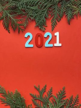 Fir frames on red background. happy new year 2021 Stock Photos