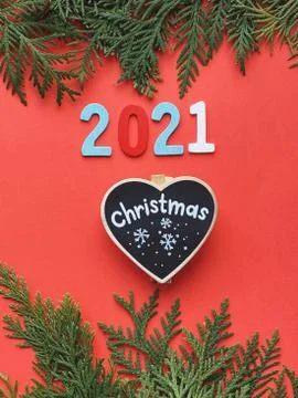 Fir frames on red background. happy new year 2021 Stock Photos