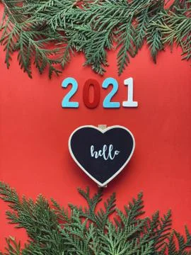 Fir frames on red background. happy new year 2021 Stock Photos