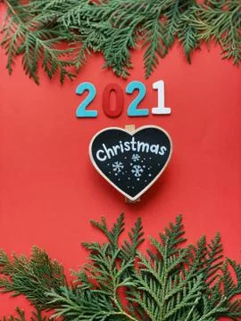 Fir frames on red background. happy new year 2021 Stock Photos