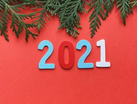 Fir frames on red background. happy new year 2021 Stock Photos
